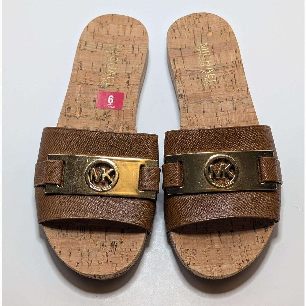 Michael Kors Warren‎ Brown Saffiano Leather Cork Slide Sandals Gold MK  Women 6M